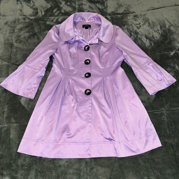 Iz Byer California Lavender Satin Like Button Baby Doll Trench Coat Size Medium - Picture 9 of 9